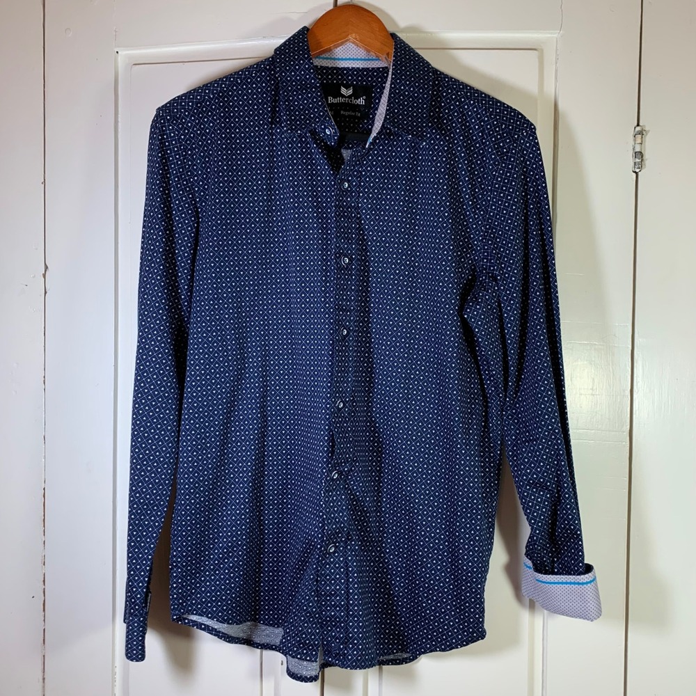 Buttercloth Mens Navy White Geometric Print Button Down Shirt Regular Fit Size M